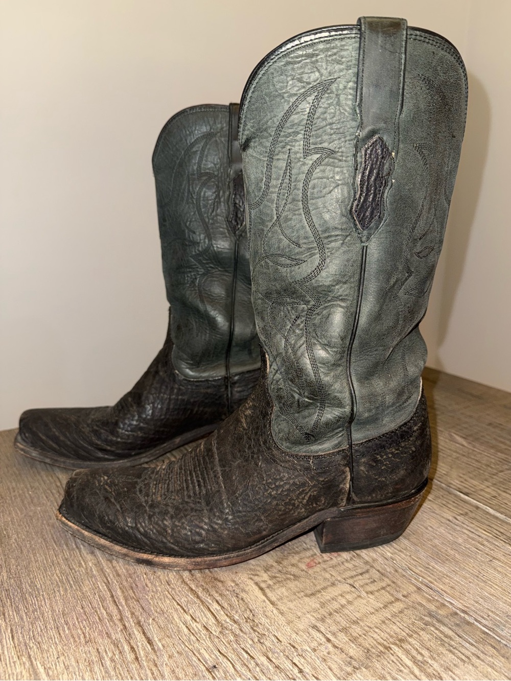 Lucchese Elephant Leather Cowboy Boots Mens 8D Square Toe Green Shaft Vintage
